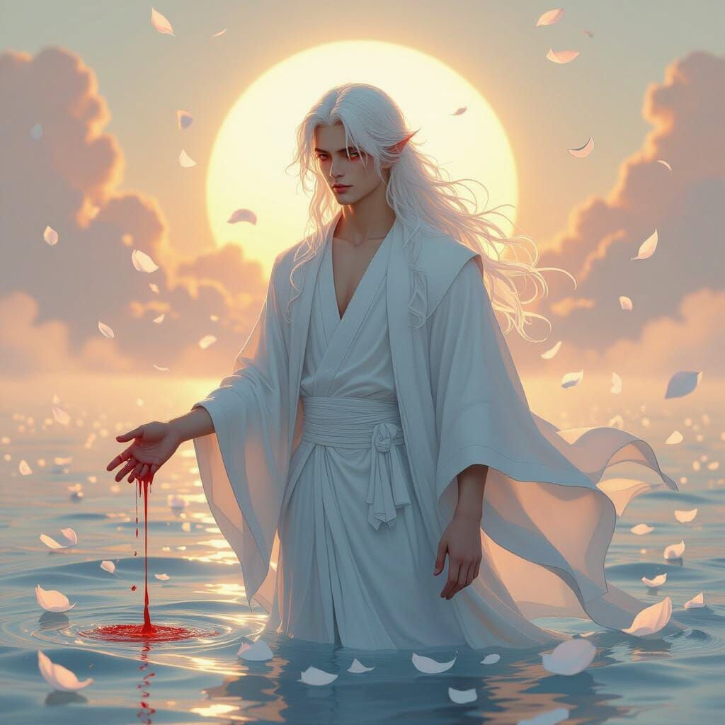 Ethereal Fox-Eyed Man on Sea at Sunrise