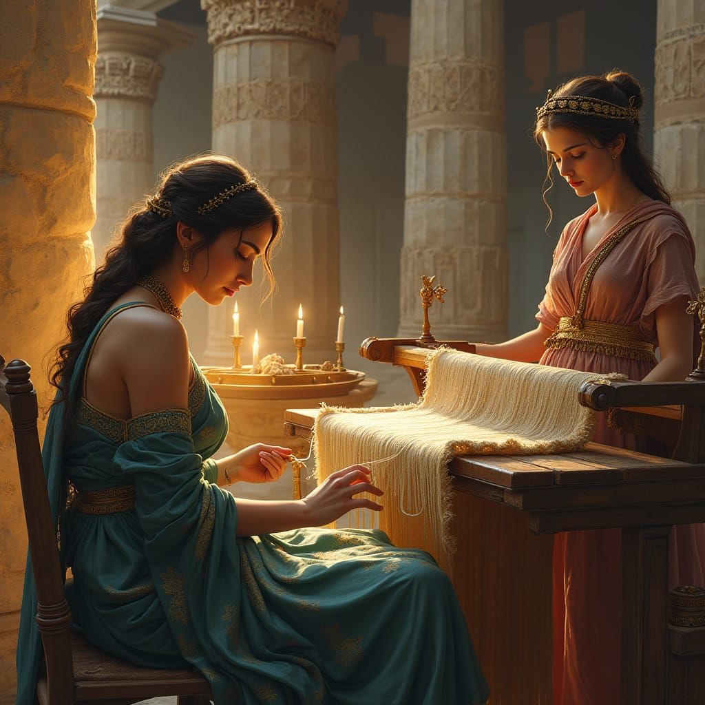 Elegant Goddess Athena vs Arachne in Ancient Athenian Temple