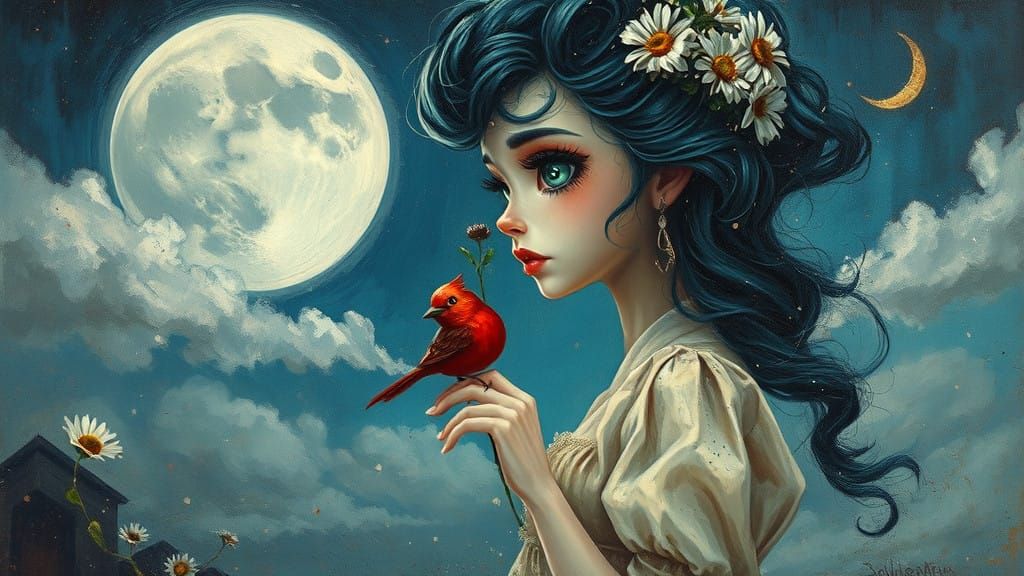 Ethereal Oil Painting of Enchanting Young Woman with Red Bir...