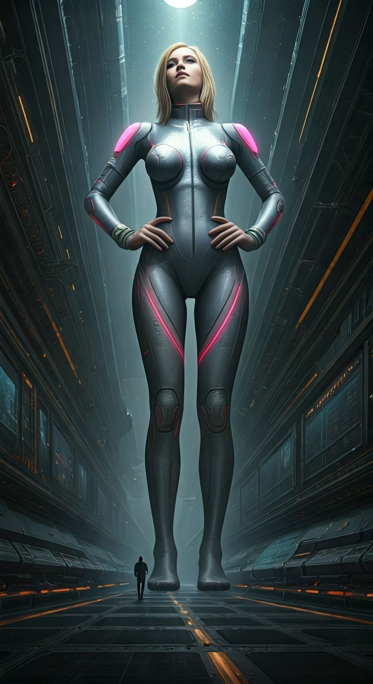 Gigantic Woman on Space Station, Detailed Matte Painting
