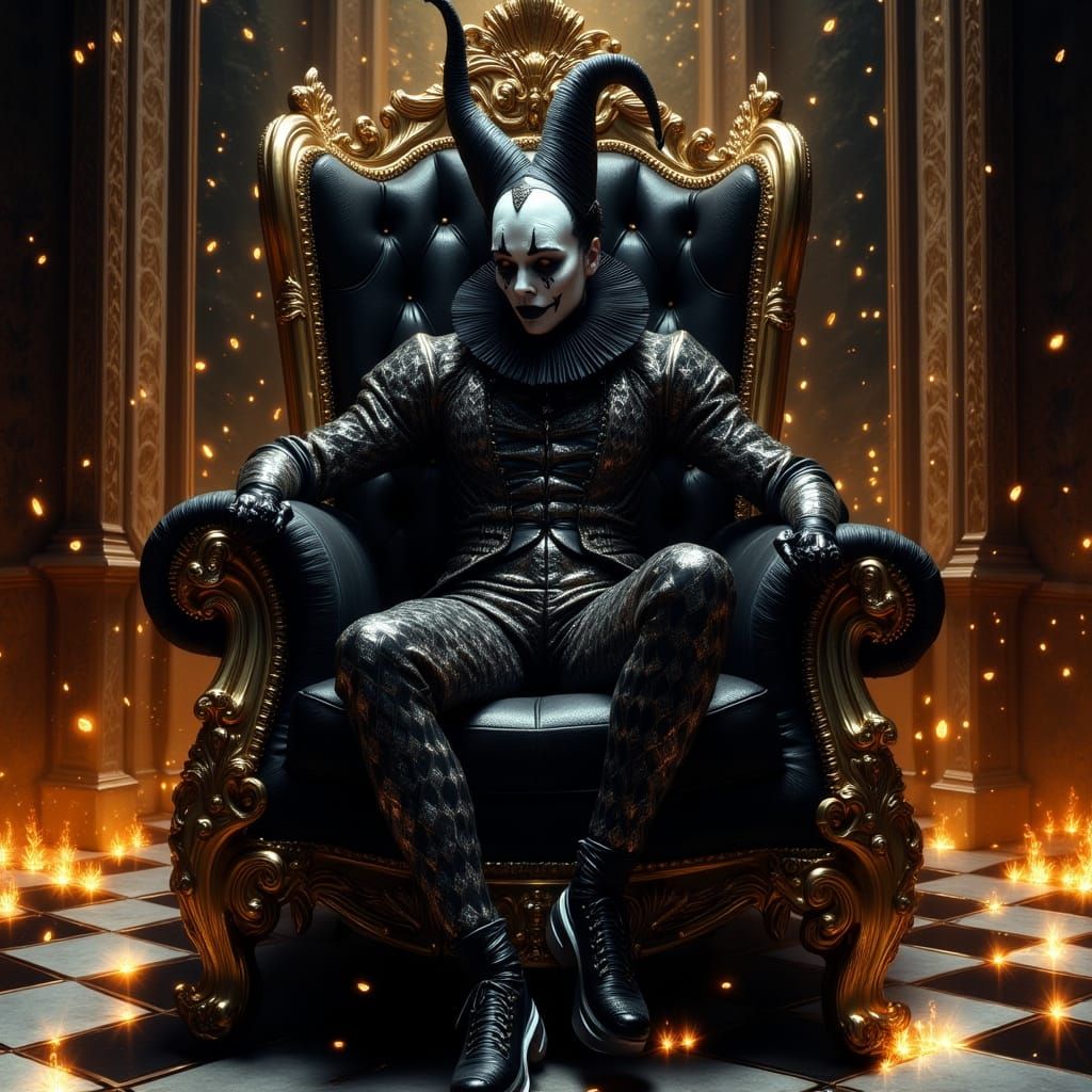 Jester on Checkerboard Throne in Moody Digital Art