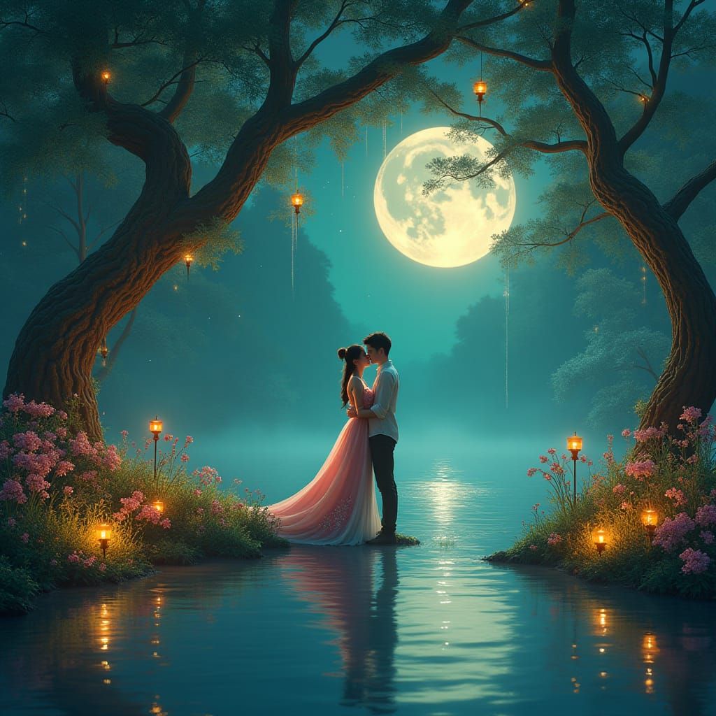 Enchanted Garden Embrace: A Digital Fantasy Scene