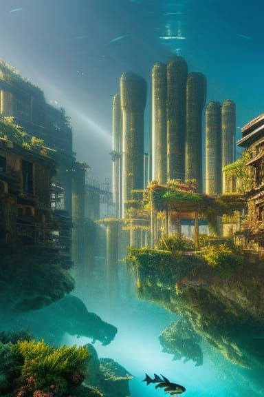 Underwater Neo-Dystopian City Ruins with Luminescent Plants