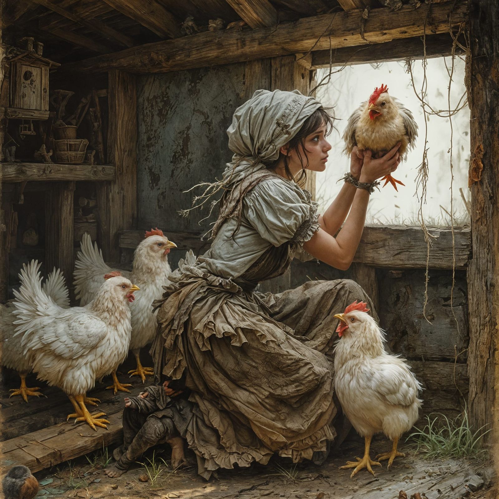 Grumpy Girl Picking Up a Chick: Fantasy Illustration