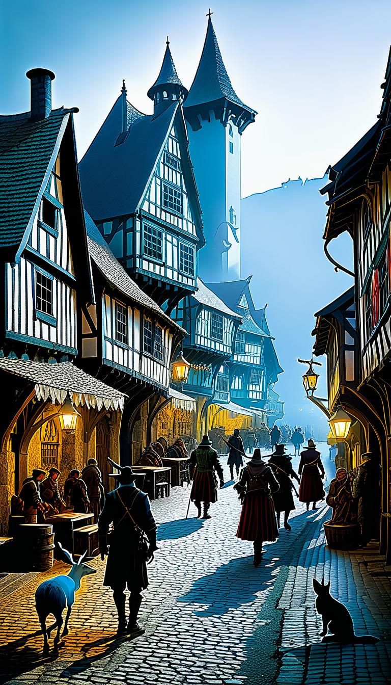 Mythical Medieval Town with Magical Creatures