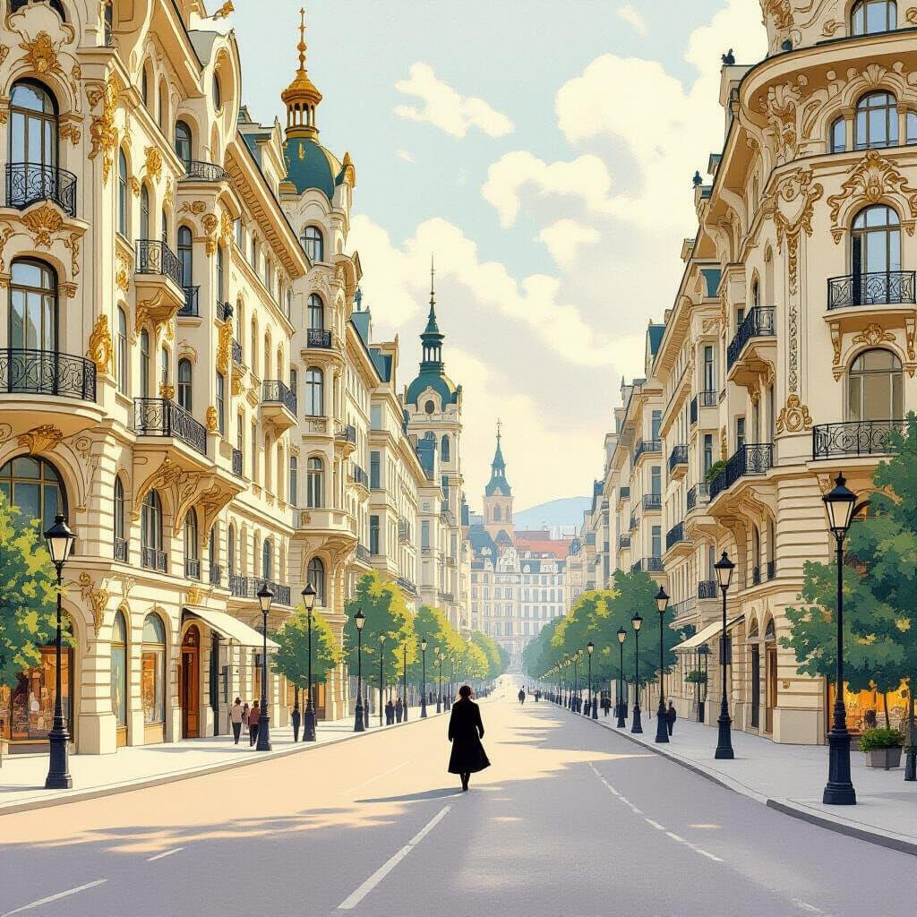 Art Nouveau Cityscape with Solitary Figure