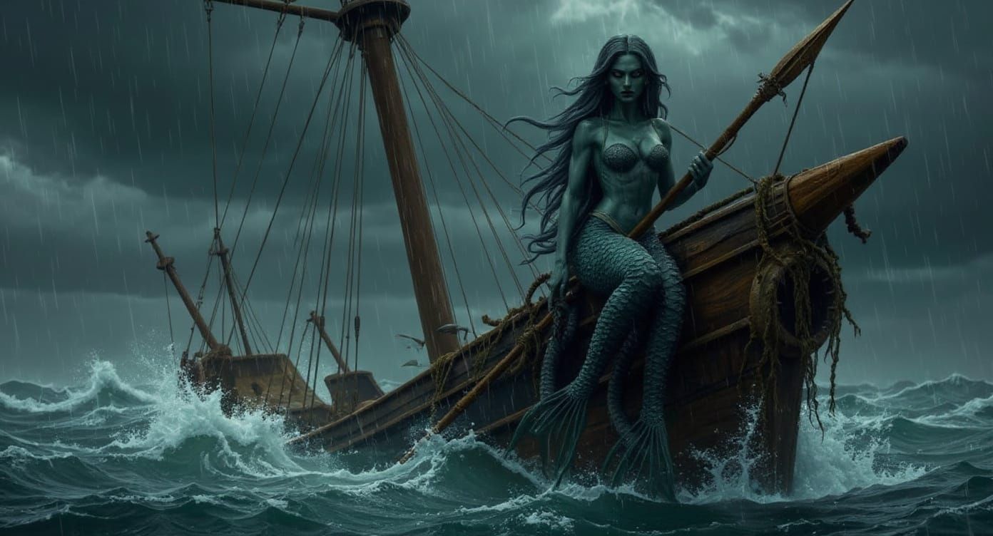 Sinister Mermaid Oversees Sinking Ship in Stormy Sea