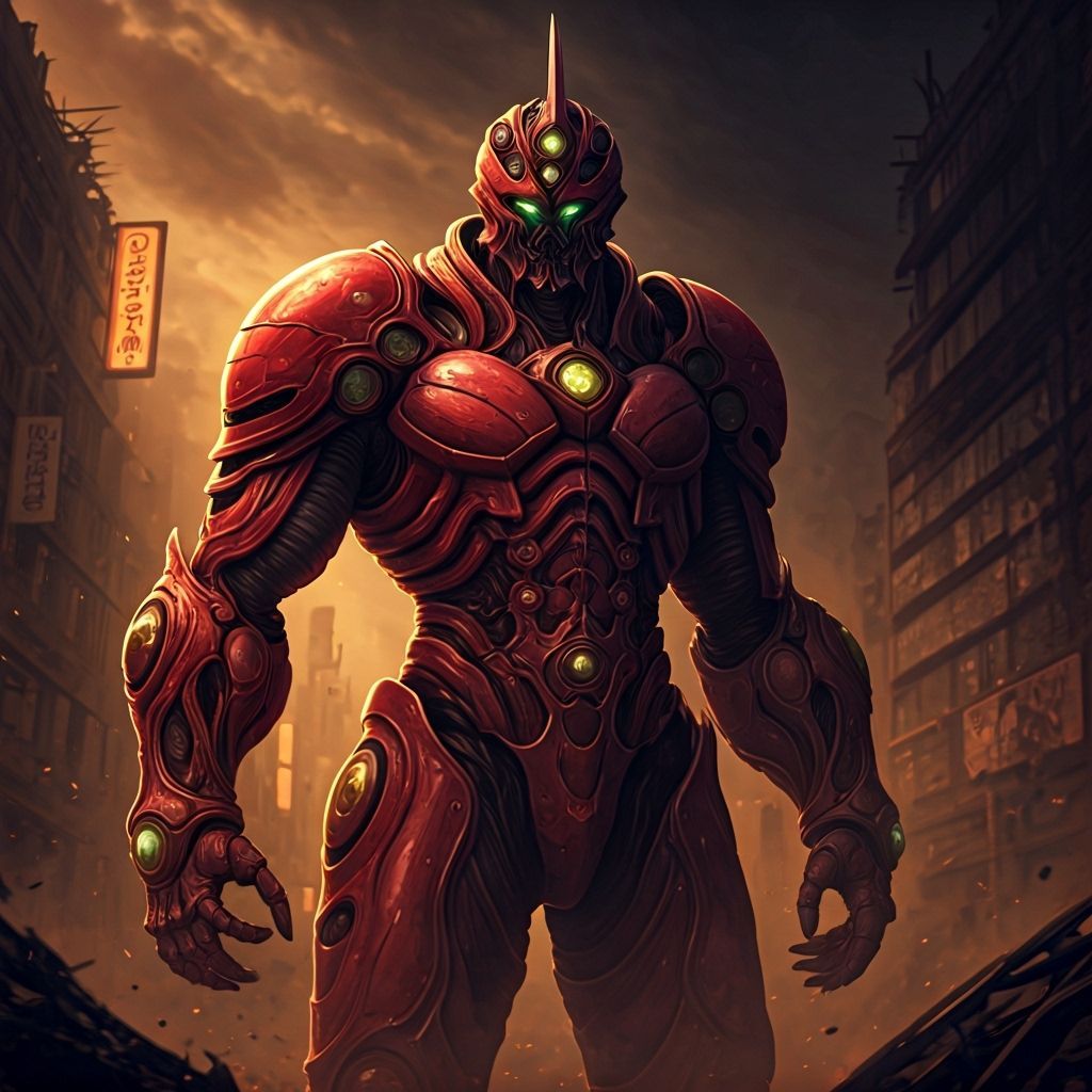 Guyver: Bio-Mechanical Warrior in Ruined Cityscape