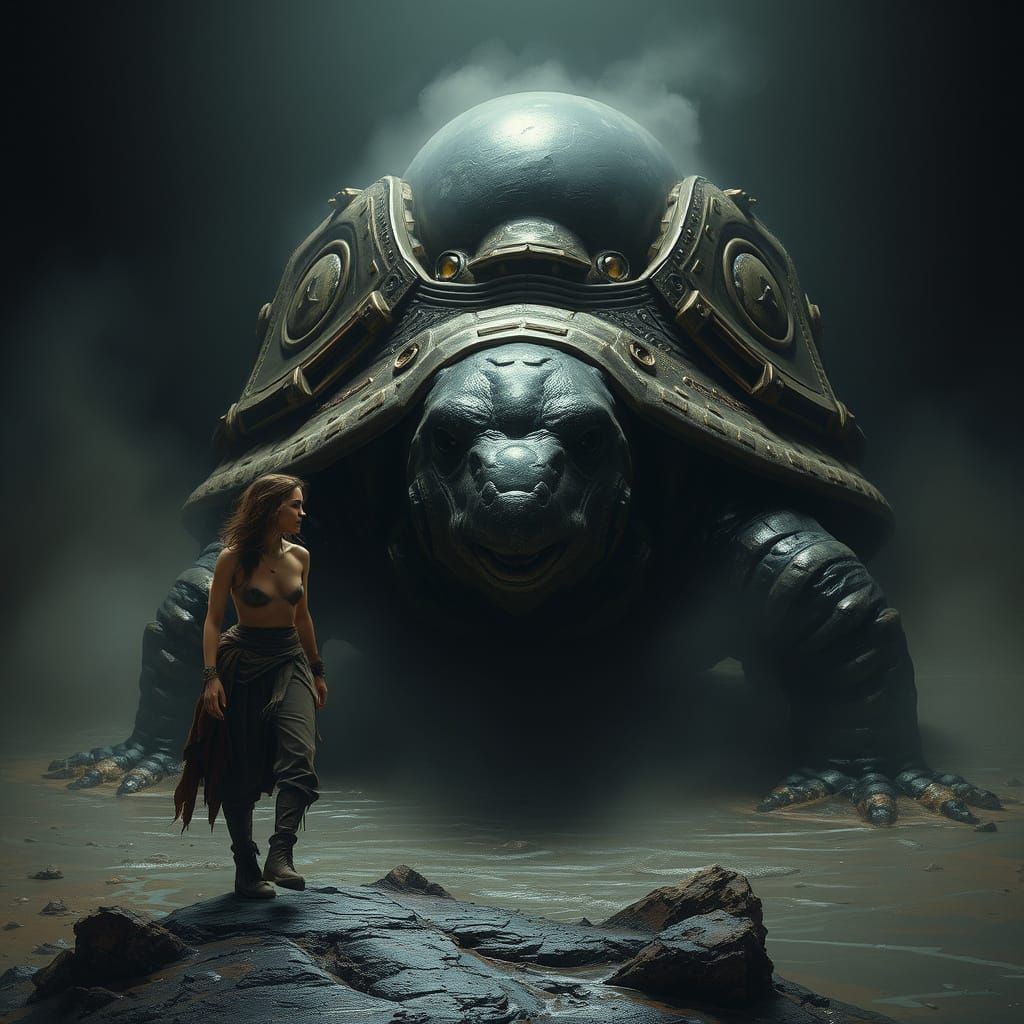 Woman Confronts Sludge Terastodon in Biomechanical Horror