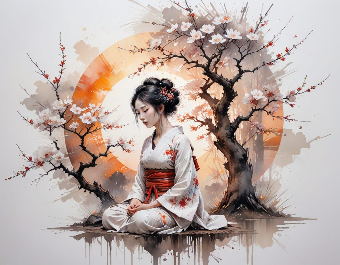Geisha Meditating Under Sunset at Blossom Tree