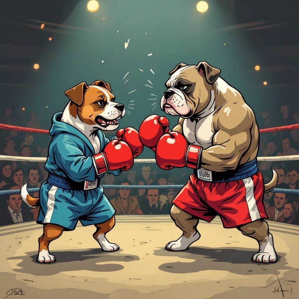 Dogs Boxing in Dimly Lit Arena