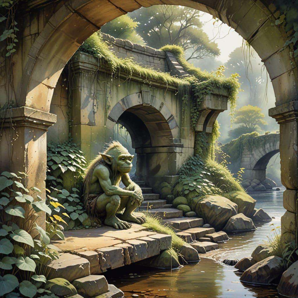 Moss Troll Under Ancient Bridge in Watercolor Style