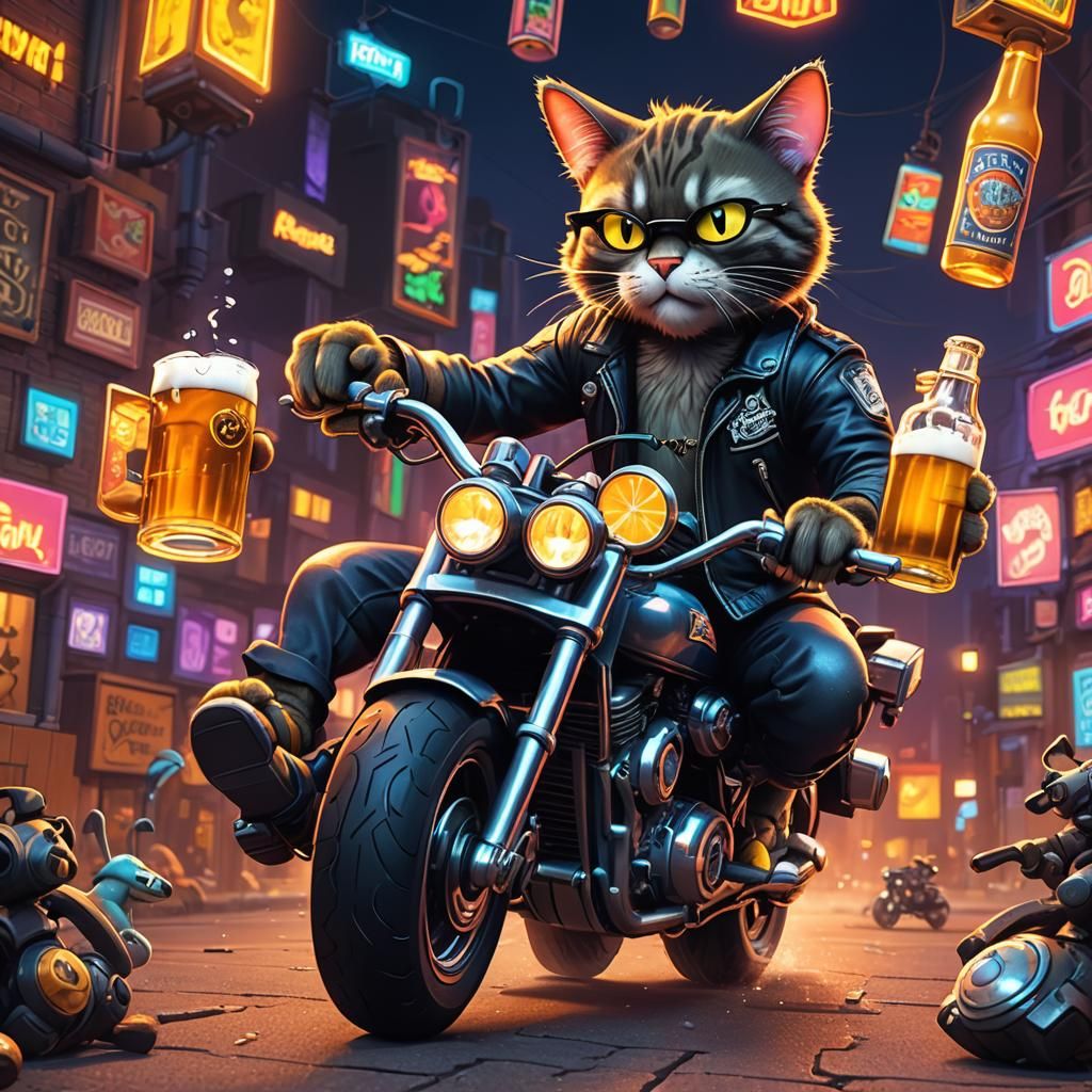 Cartoon Thug Cat Rides Motorcycle with Beer
