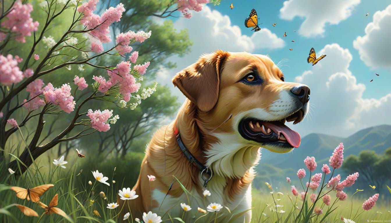 Hyperrealistic Digital Art of a Pup Playing in a Vibrant Spr...