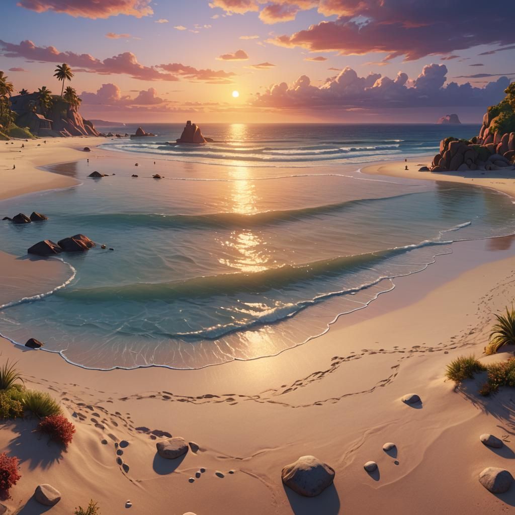 Sunset Beach Scene in Pixar Style