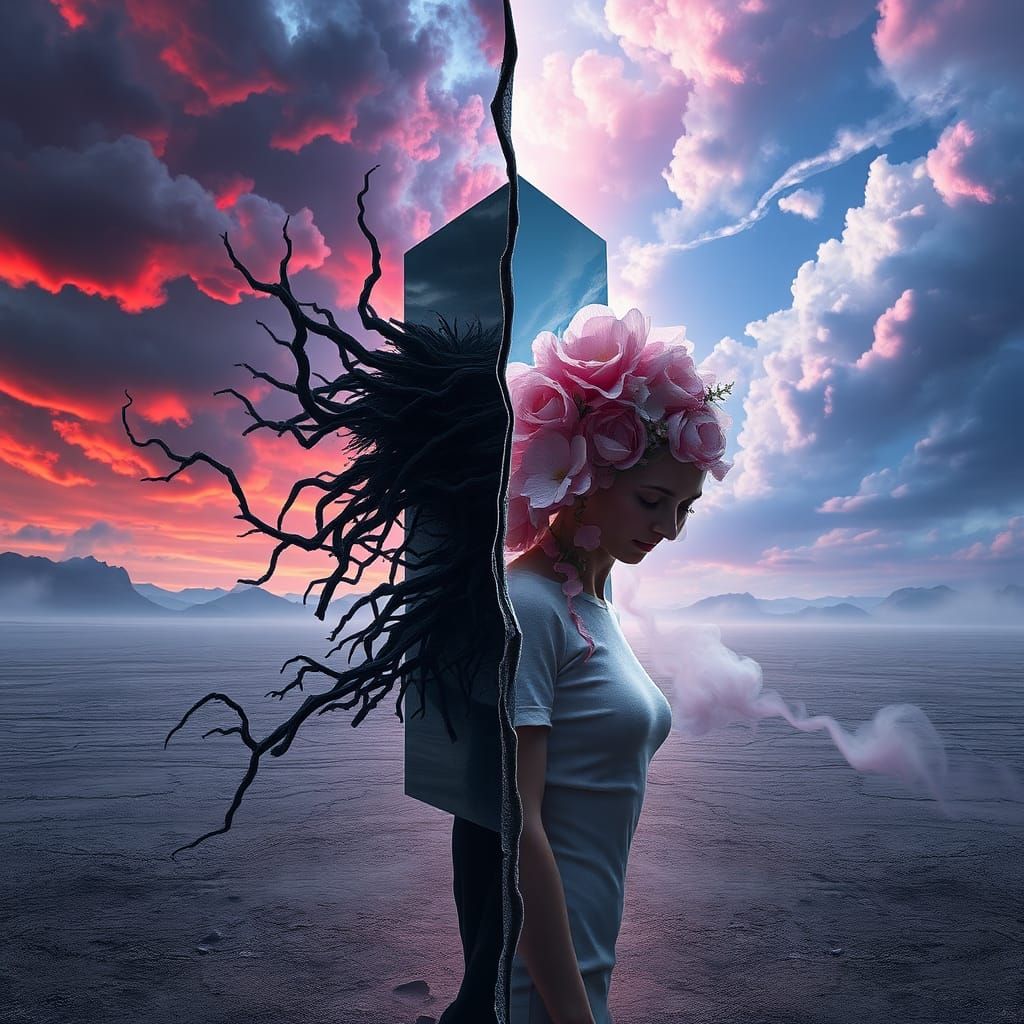 Divided Person in Surreal Landscape, Dreamlike Art