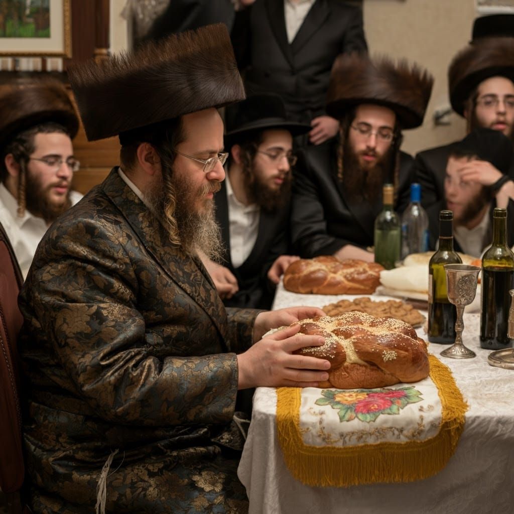 A 44-year-old Haredi Hasidic man, wrapped in luxurious, golden floral silk cotton, with a modern, hairy Shabbat shtreime...