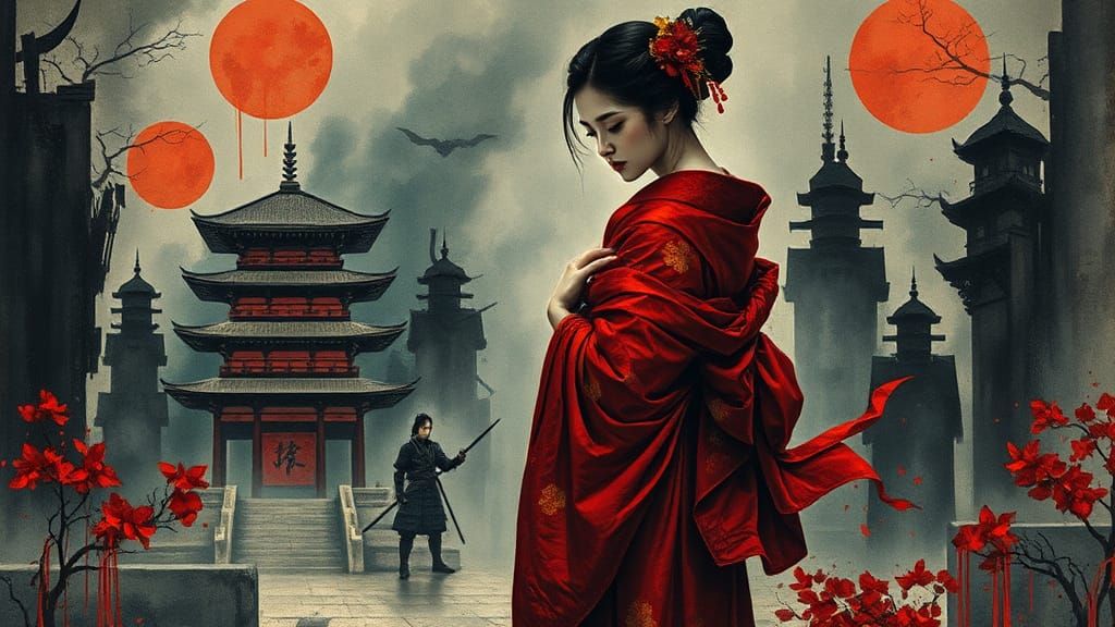 Geisha and Samurai in Dystopian Art Deco Landscape