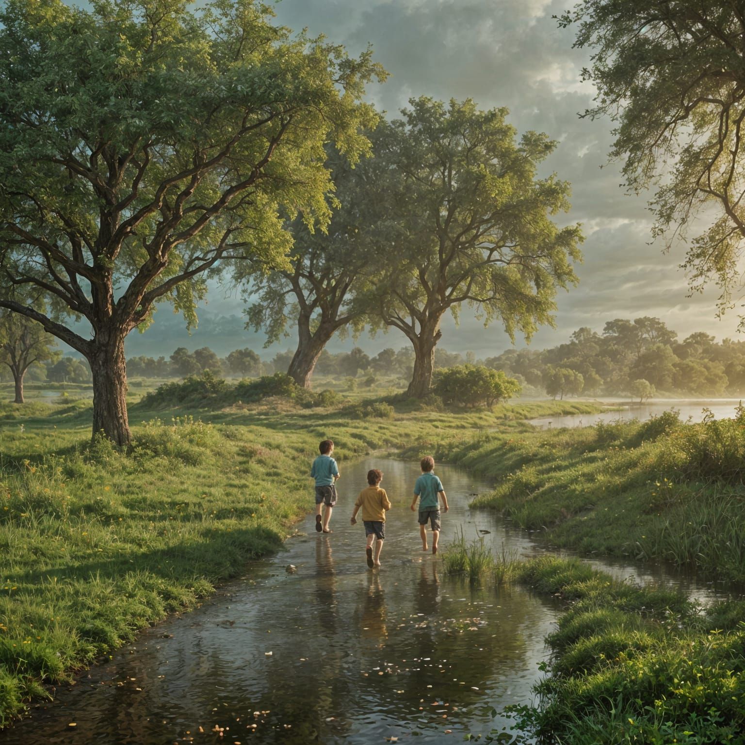 Lush Spring Landscape with Children Playing