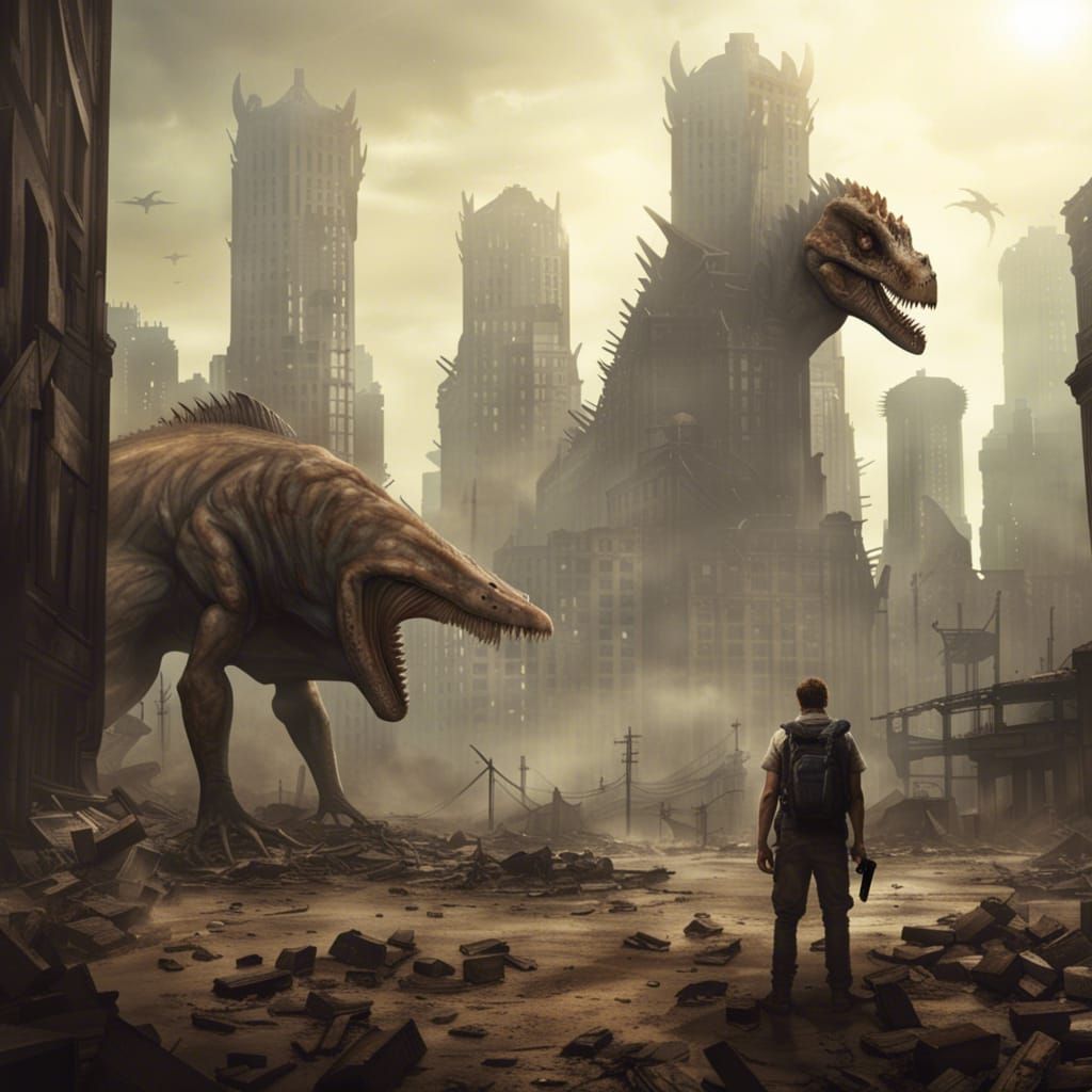 Post-Apocalyptic Cityscape with Spinosaurus Heads
