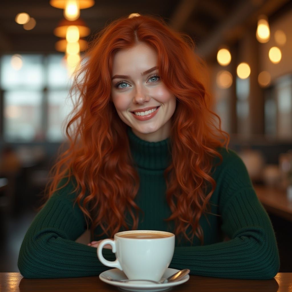 Winsome Woman Enjoys Coffee in Cafe - Digital Matte Painting