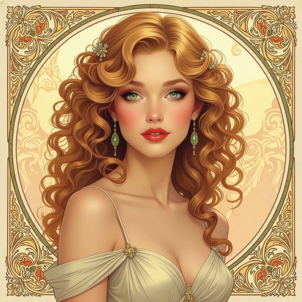 Elegant Woman with Green Eyes in Art Nouveau Style