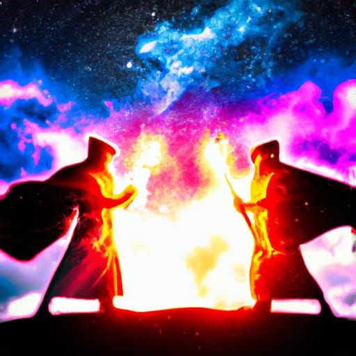 Mages Duel with Fire Magic Under Starry Sky