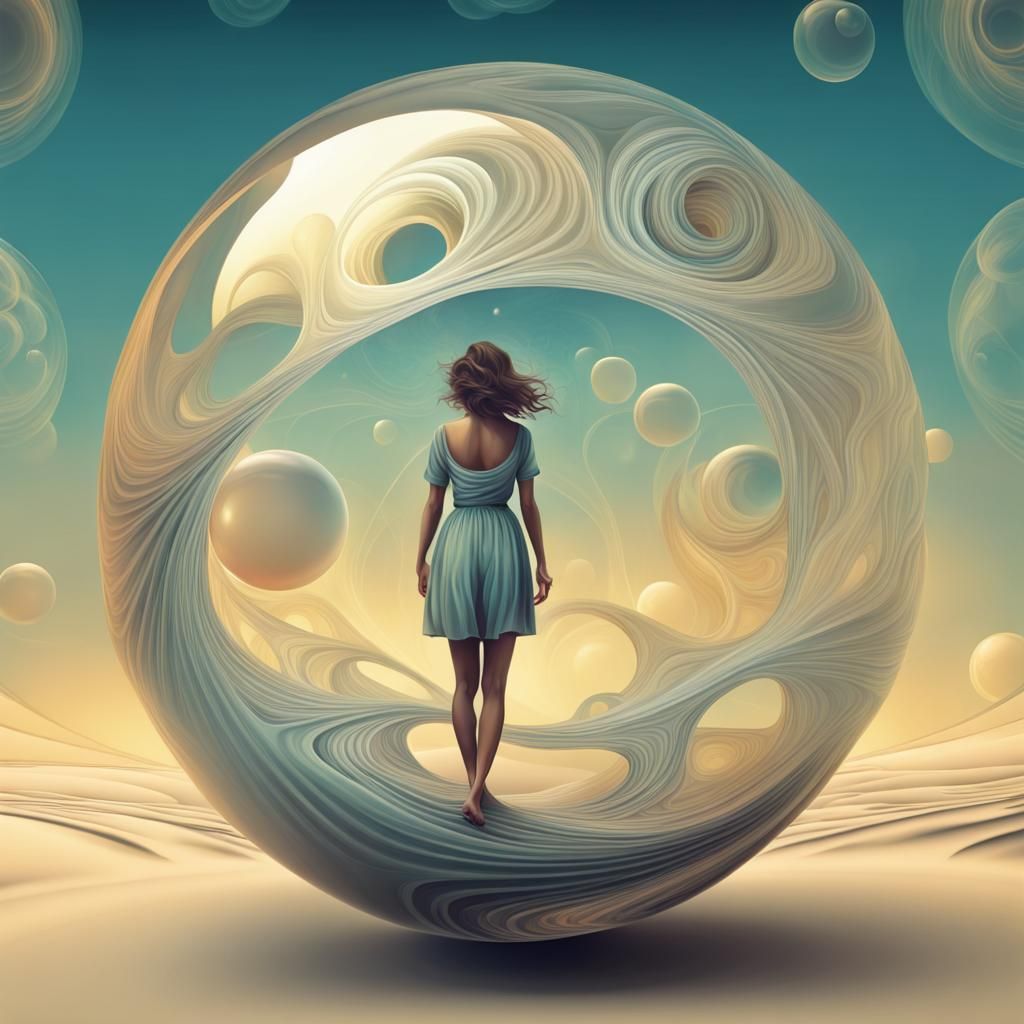 Girl in Sphere Travels Space: Surreal Vector Fractal Art