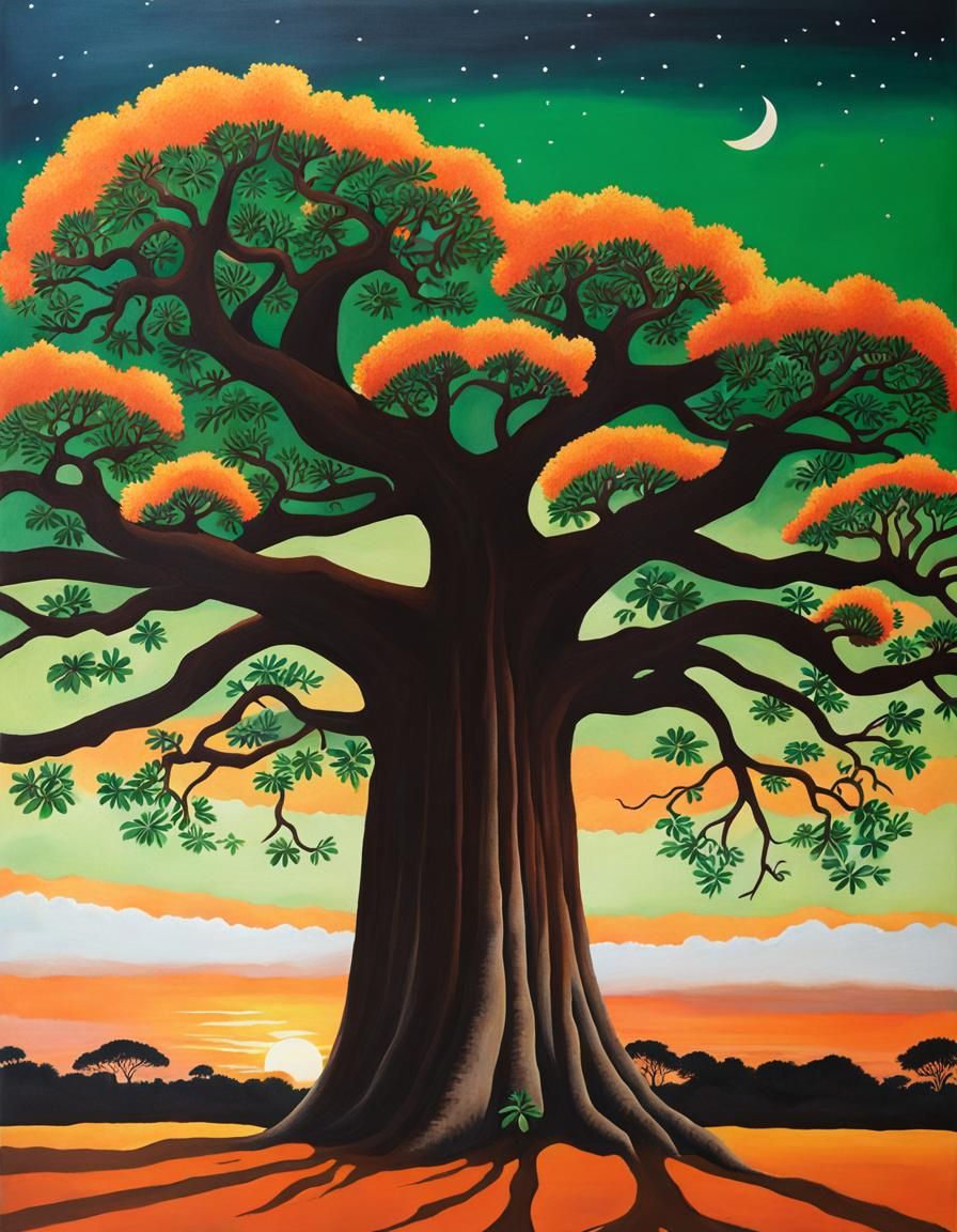 Baobab Tree Sunset in Gouache Style