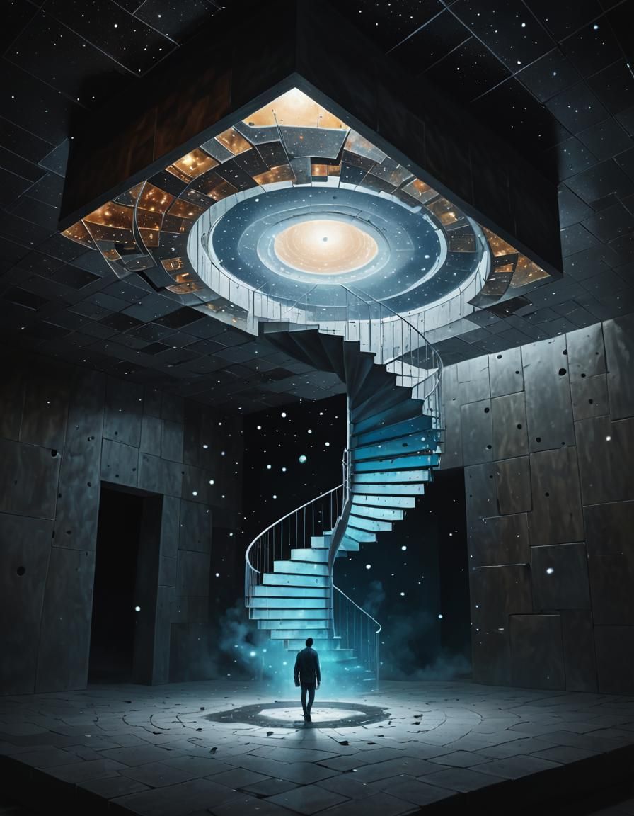 Surreal Cosmic Human with Spiral Staircases