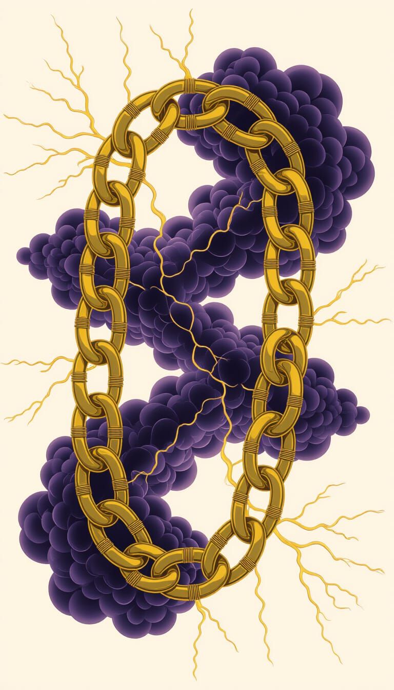 Broken Gold Chain Amidst Dark Storm Clouds with Golden Light...