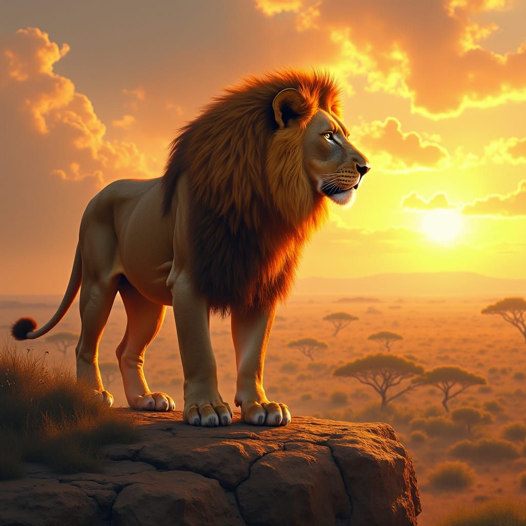 Golden Maned Lion Overlooking Savannah in Hyperrealism