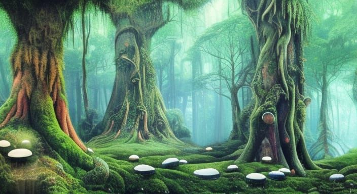 Enchanted Forest Landscape with Giant Mushrooms