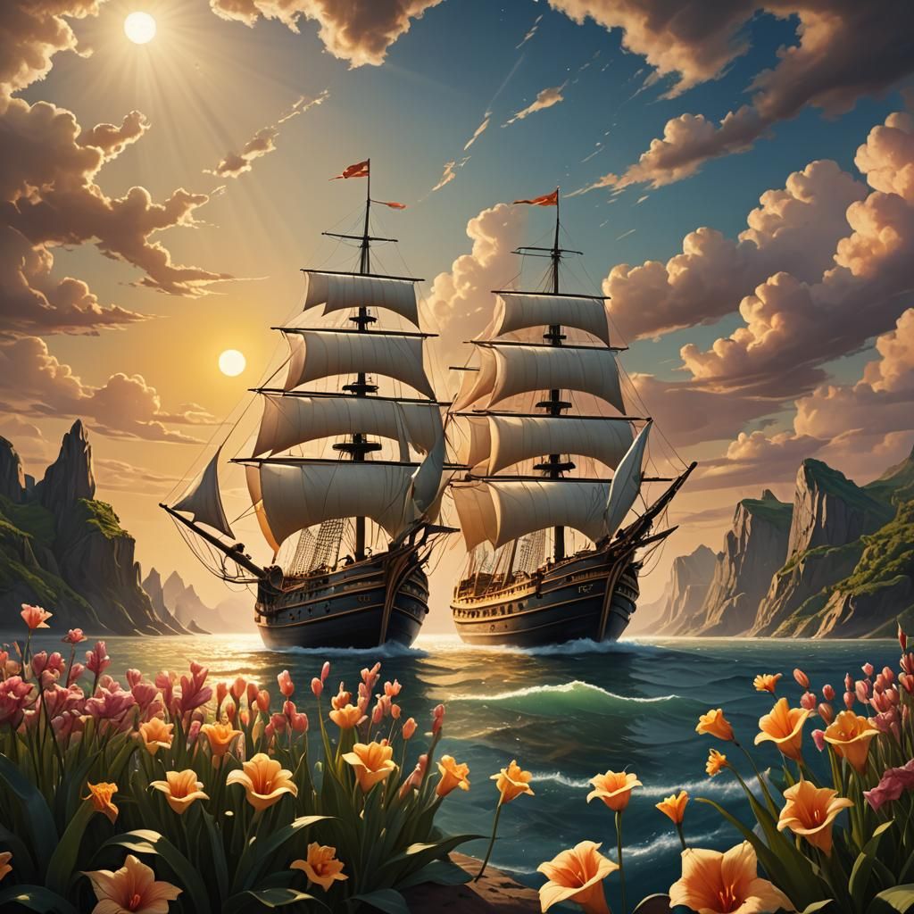 Ship with Gladioli Sails in Vladimir Kush Style