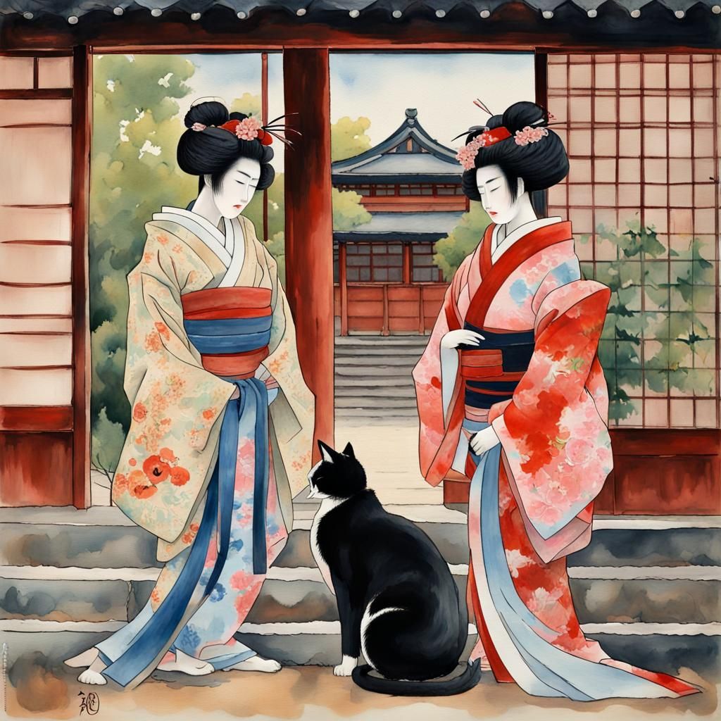 Samurai and Geishas in Gouache Impressionist Style