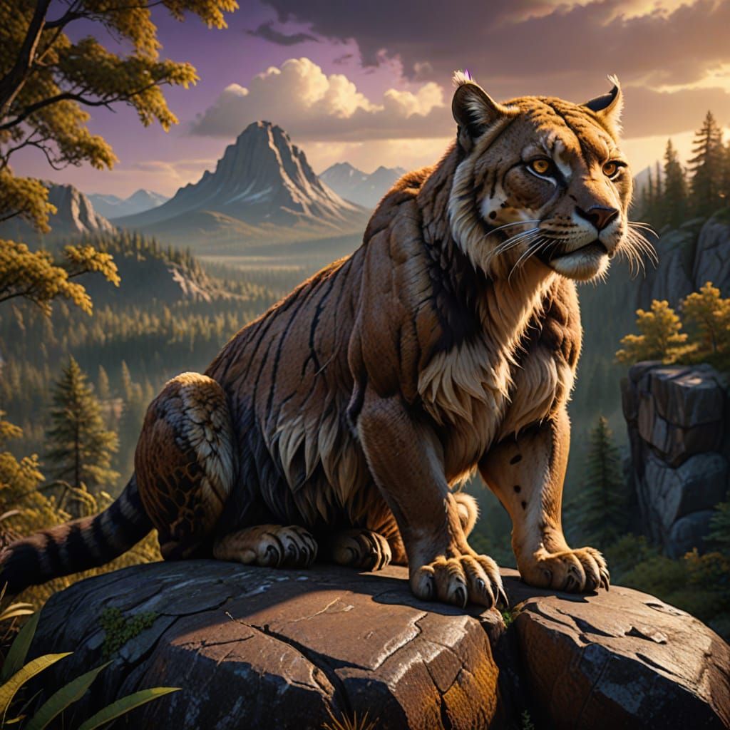 Saber-Toothed Cat Overlooking Prehistoric Forest