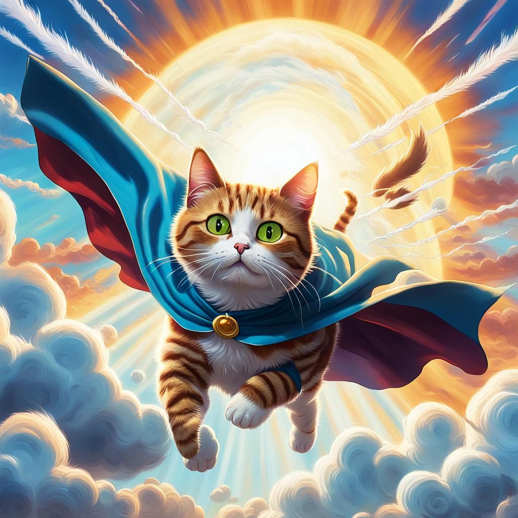 Fanciful Feline Soars Through Vibrant Skies in Whimsical Art