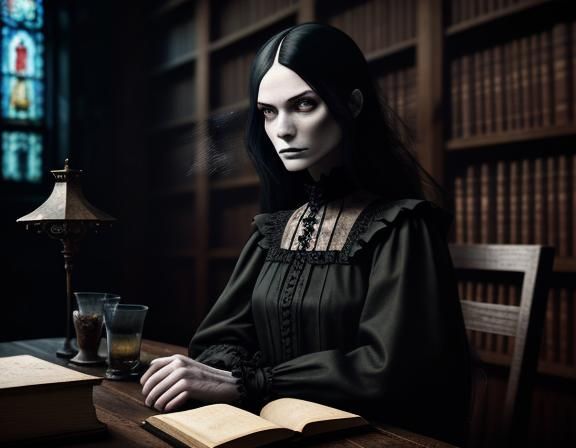 Gothic Woman in Library: Digital Art in Burton Style