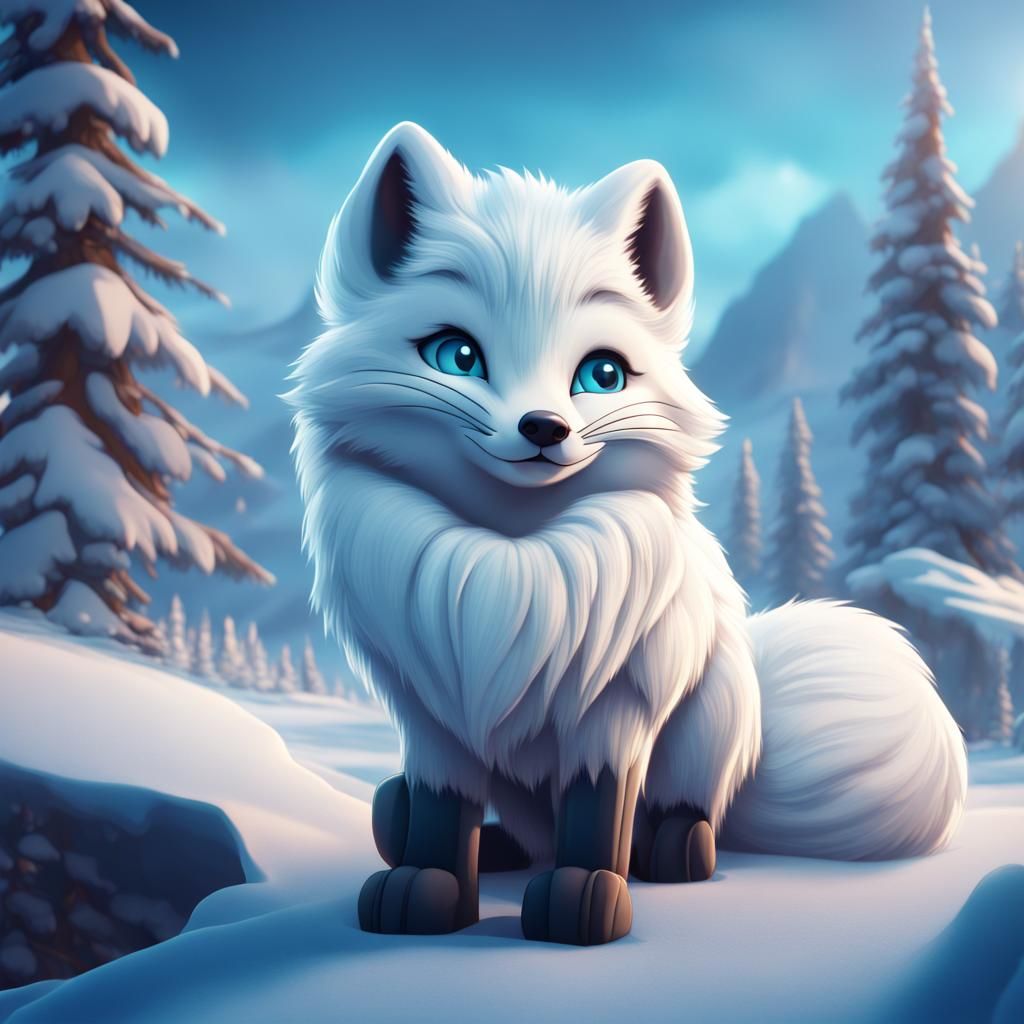 Arctic Fox in Disney Cartoon Style, Winter Scene