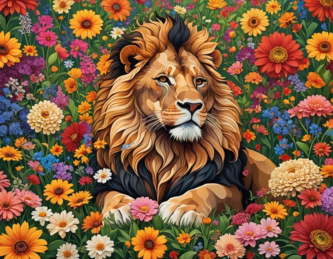 Lion in Abstract Flower Field: Geometric Vector Art