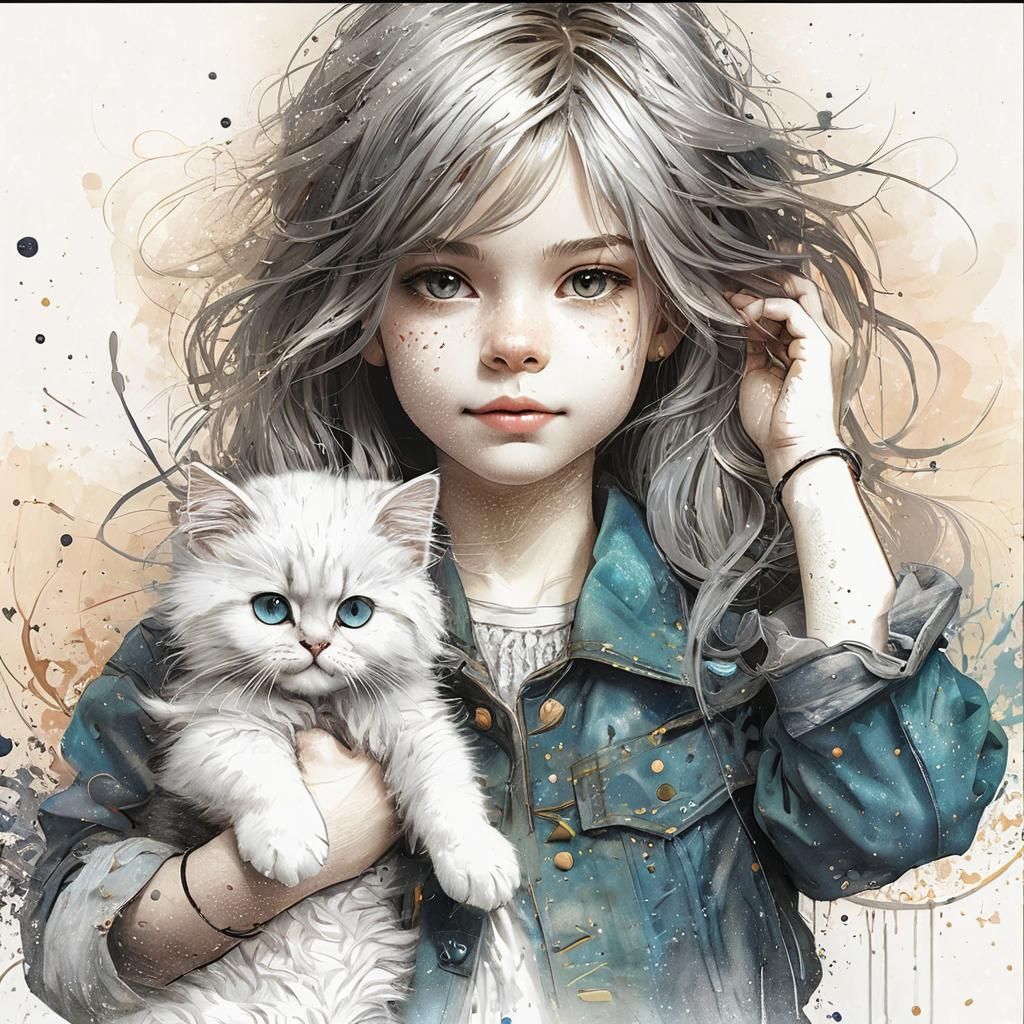Girl with Cat in Hyperrealistic Splash Art Style