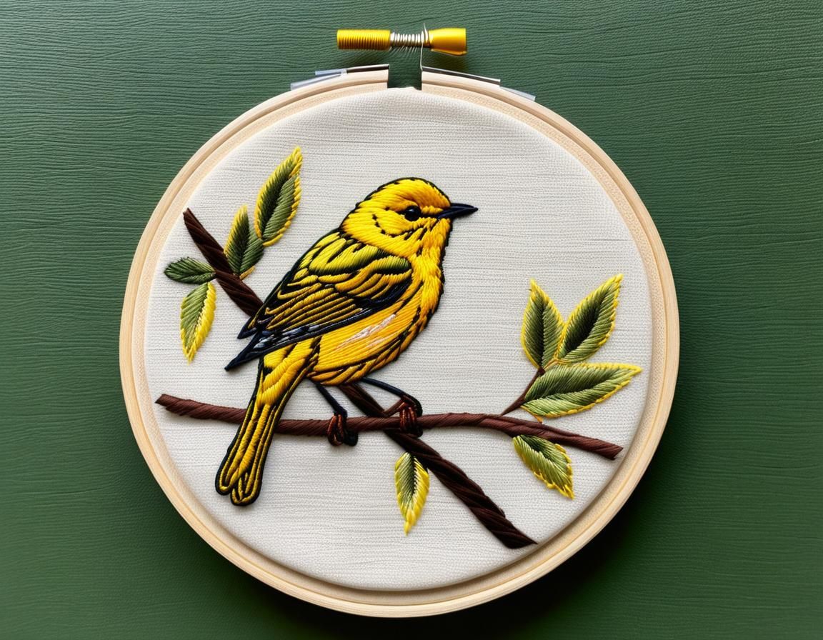 Embroidered Yellow Warbler on Branch