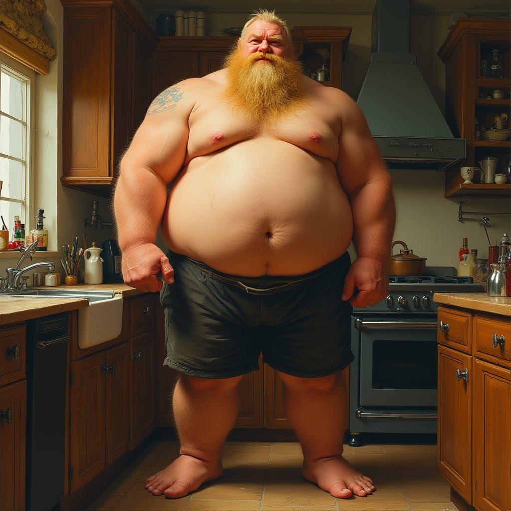 Robust Man with Blonde Beard Standing in Kitchen