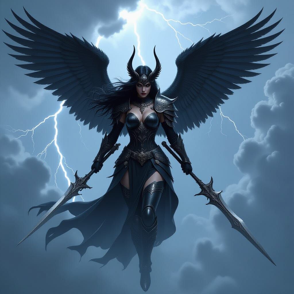 Goth Valkyrie Descends from Storm in Dark Fantasy Style