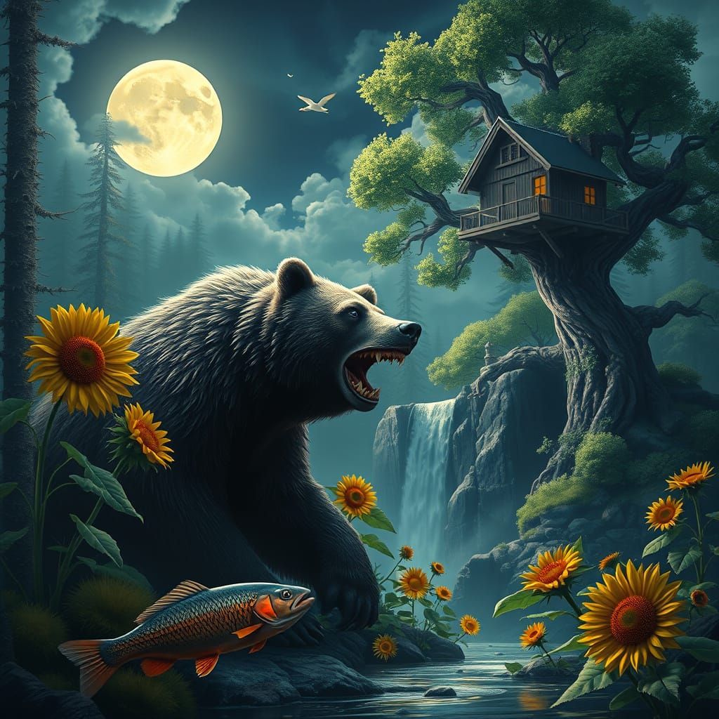 Fantastical Moonlit Scene with Waterfall, Bear, and Treehous...