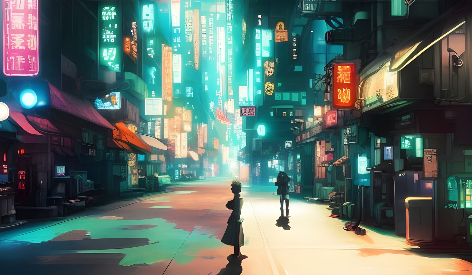 Cyberpunk Noir Street Scene in Gouache Illustration