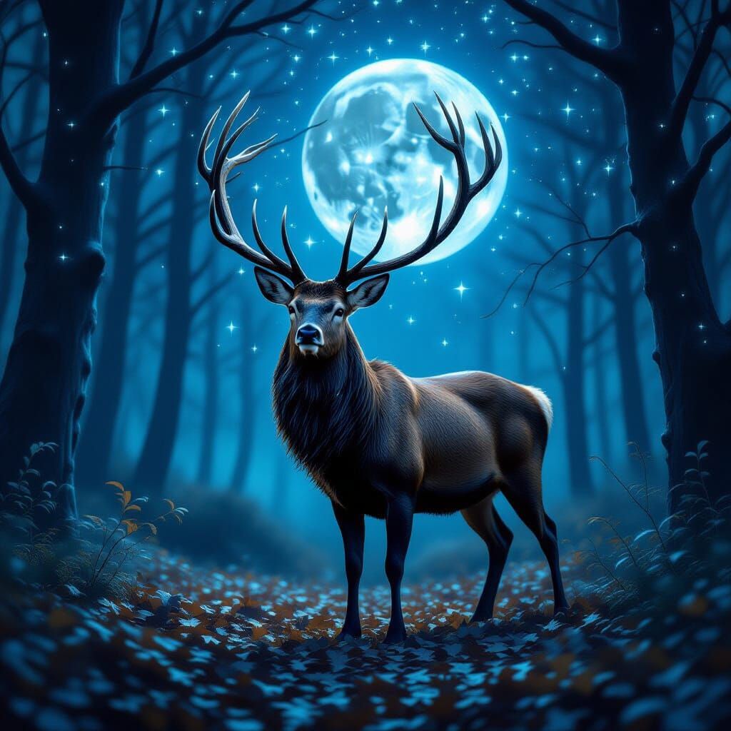 Majestic Starlight Stag in Mystical Moonlit Forest