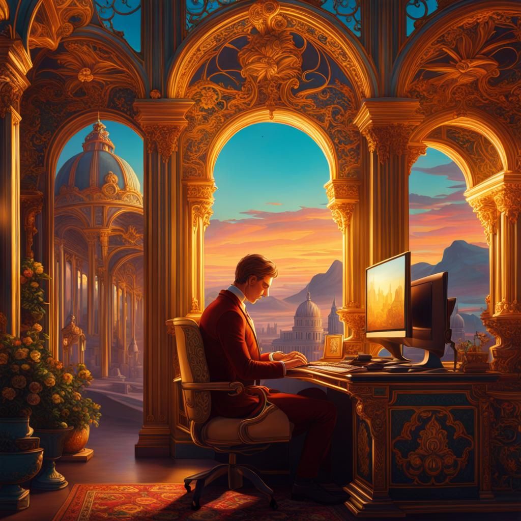 Hyperrealistic Man Working at Computer in Art Nouveau Settin...