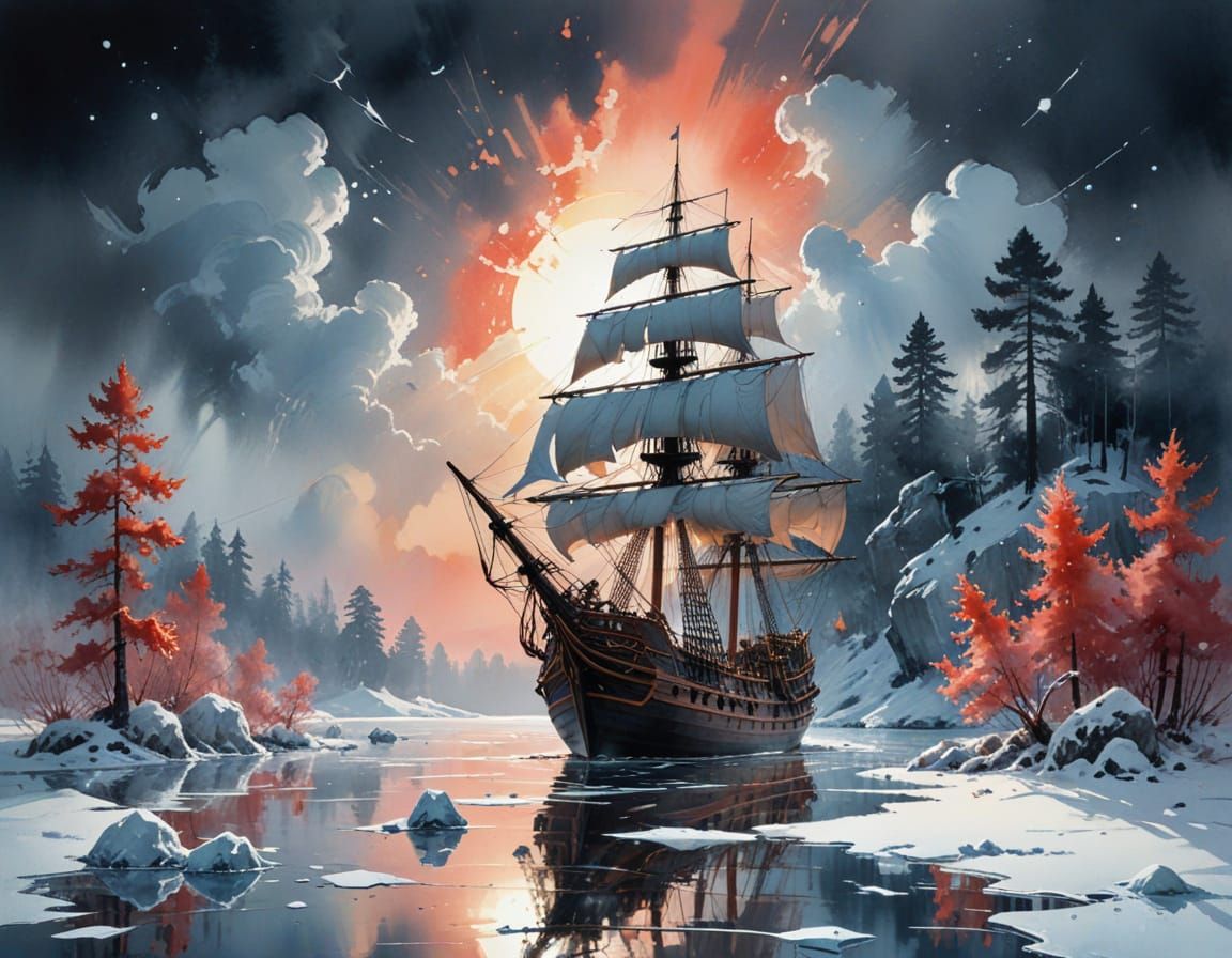Pirate Ship on Frozen Lake: Digital Matte Painting