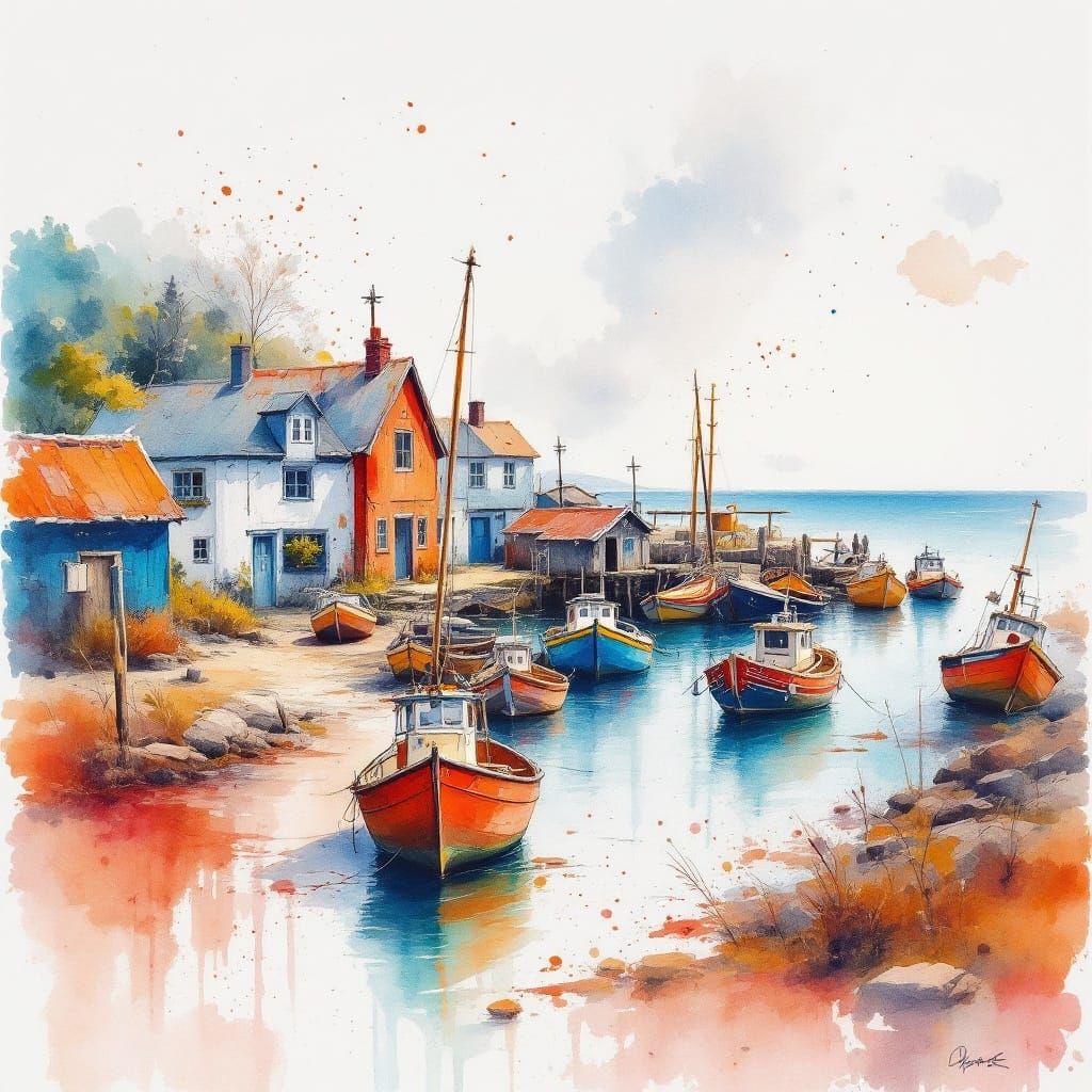 Coastal Fishing Village in Vibrant Watercolor